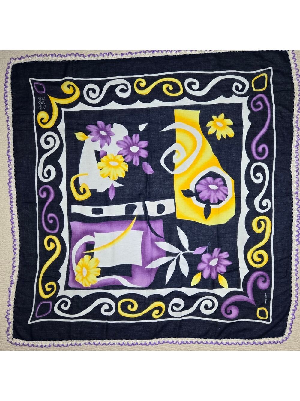 ASMALI KONAK Floral Pattern Scarf in Navy, Yellow, and Purple with Lace Trim